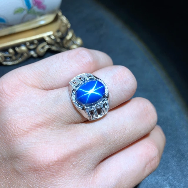 Bague classique en argent avec saphir étoilé bleu brillant – Image 3