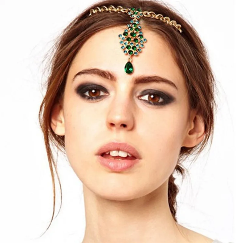 

Pinksee Romantic Green Crystal Water Drop Head Chain for Women Wedding Tiara Boho Bridal Headpiece Forehead Jewelry