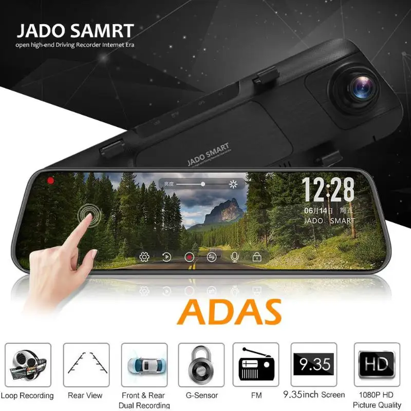 JADO A650 FHD 1080p Автомобильная dvr камера 9,3" ips сенсорный экран зеркало заднего вида Dash Cam ADAS Starlight ночное видение привод рекордер