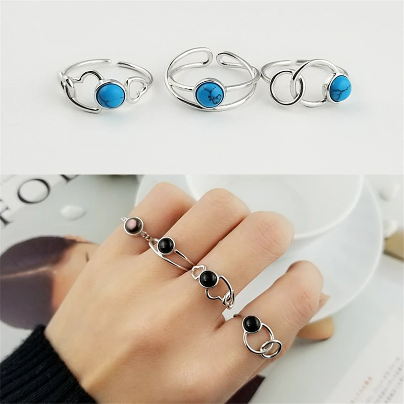 

925 Sterling Silver Natural Gem Stone Women Vintage Ring Black Onyx Agate Blue Turquoise Gemstone S925 Simple Retro OL Open Ring