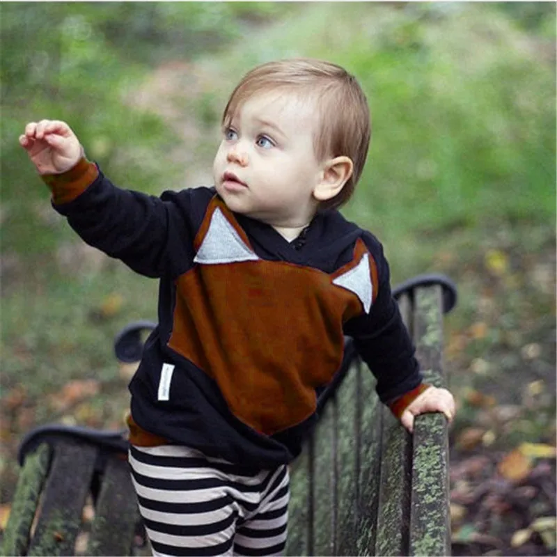 

High Quality Baby Fashion Outwear Hoodies Sets Cotton Pullover Thick Tops And Striped Trouser Infant Baby FOX Outfit Clothes