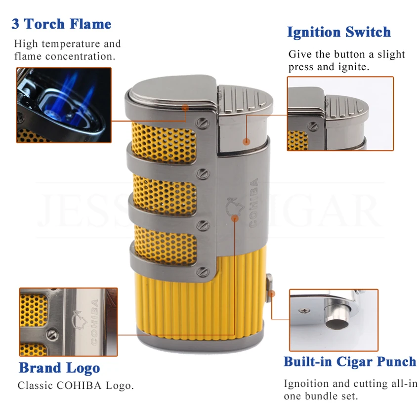 Smoking Windproof Cigar Torch Lighters Refillable Butane Gas Fire Flame