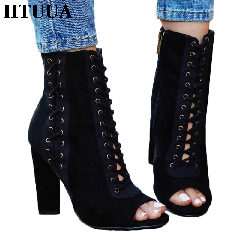 

HTUUA Sexy Bandage Peep Toe Sandals Women High Heels Cool Short Ankle Boots 2018 New Arrival Autumn Summer Ladies Shoes SX1468