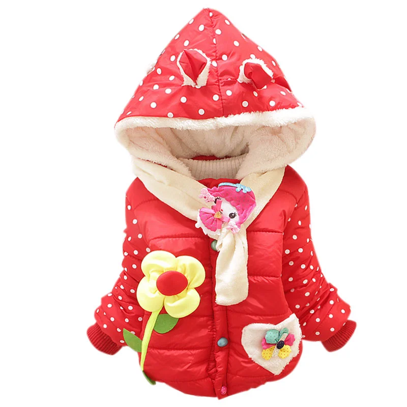 

2016 Cute Flower Cartoon Scarf Hooded Warm Thicken Padded Parka For Girls Long Sleeve Down Jacket Kids Clothing Fashion Coat