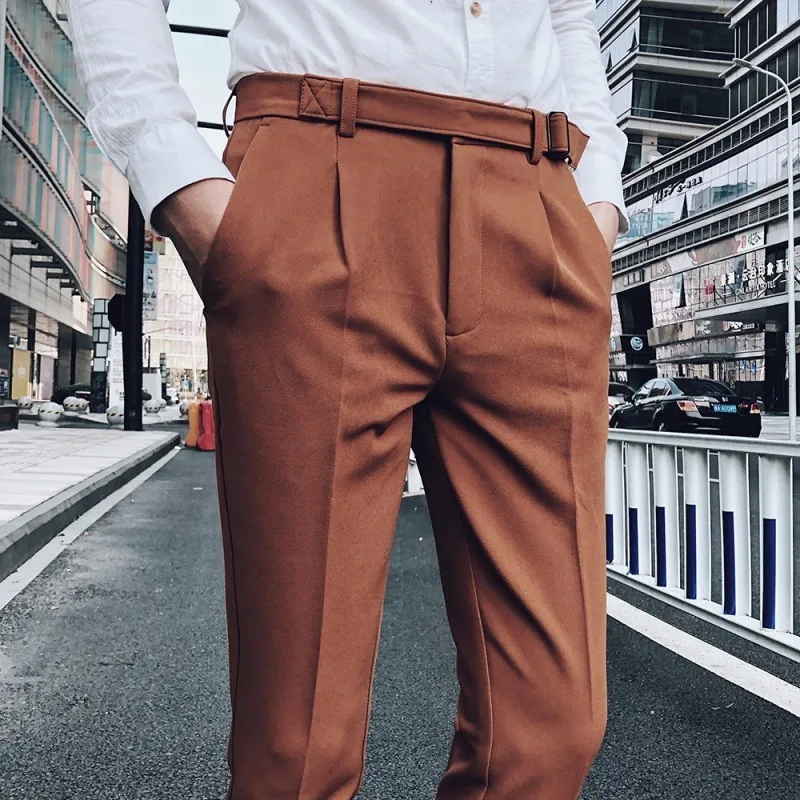 Мужской костюм, брюки, Pantalon, мужской костюм, высокое качество, сплошной цвет, мужские коричневые брюки, облегающие, деловой костюм, брюки