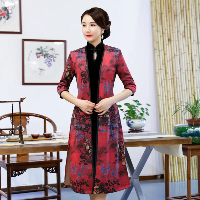 Осенний женский костюм Ципао из 2 предметов, бархатное платье Ципао в винтажном китайском стиле, женское платье с воротником-стойкой, длинные платья размера плюс 3XL