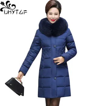 

UHYTGF L-5XL Oversized Parker Women Cotton Outerwear New Winter Jacket Ladies Fur collar Hooded Thicken Down Jacket Warm Coat 45