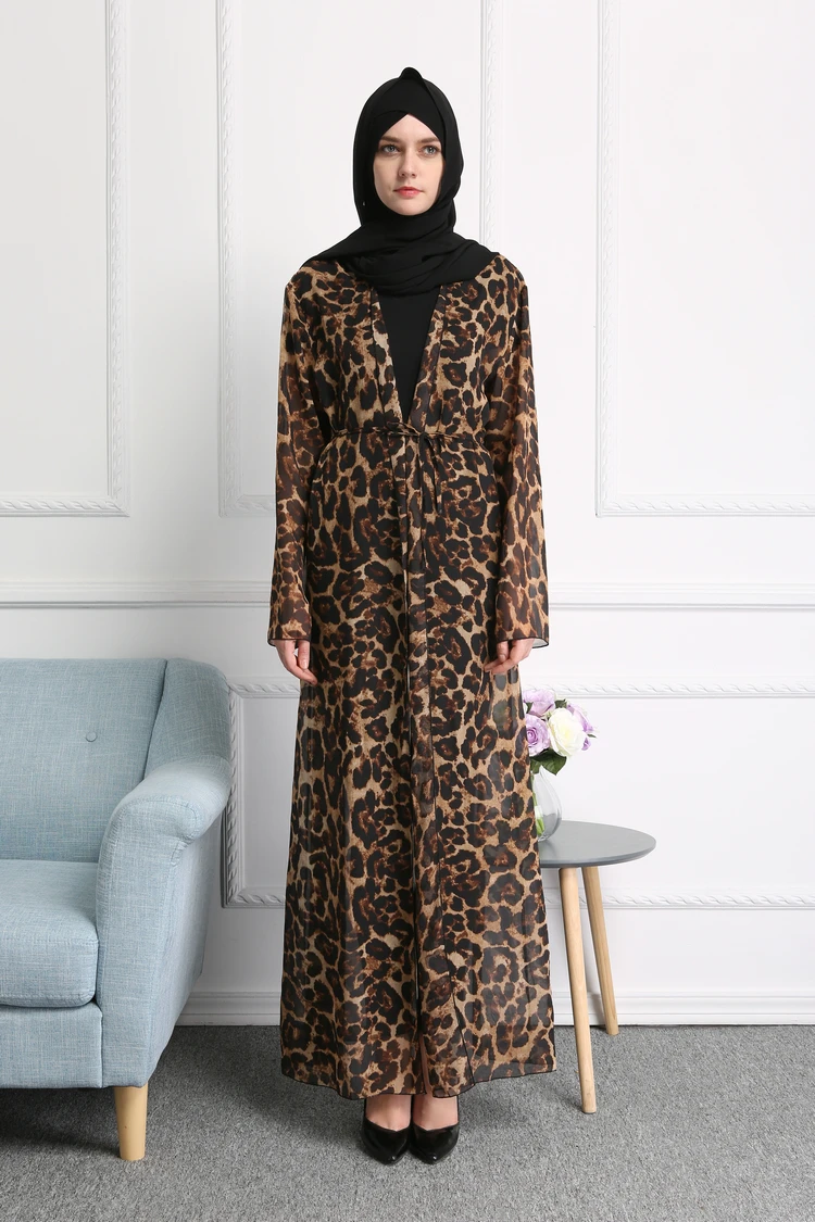 Мусульманское Шифоновое Платье макси с леопардовым принтом Абаи кардиган длинный Халаты Туника кимоно jubah Ближний Восток Рамадан арабских