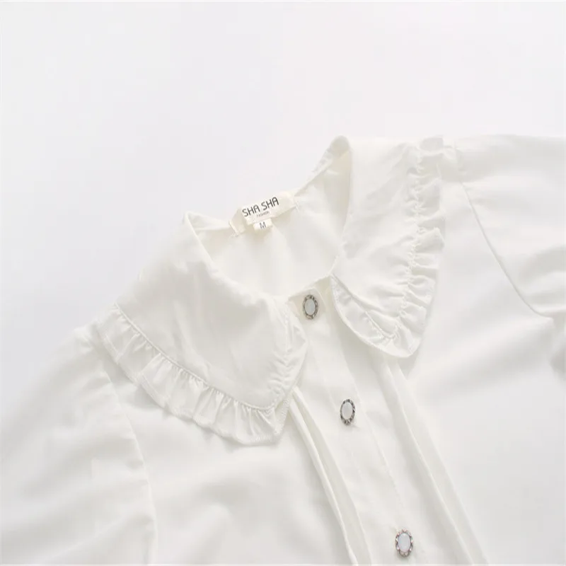 Веселая красивая белая женская блузка с длинным рукавом из хлопка, Женские топы и блузки, милая блузка с воротником в стиле Питера Пэна для девушек, blusas mujer de moda