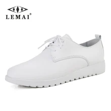 Lemai Кожаные туфли на плоской подошве для Для женщин сезон: весна–лето модные Повседневное белый Лоферы круглый носок Кружево-до Muffin Женская Обувь