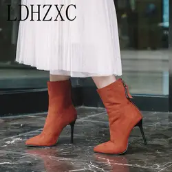 LDHZXC/Замшевые женские ботильоны с острым носком модная универсальная женская обувь на высоком каблуке размеры 34-48