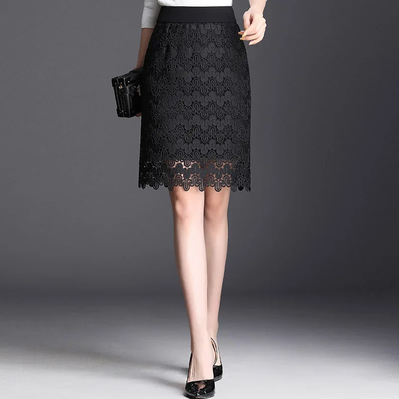 

2019 Spring Summer Woman Plus Size Lace Hollow Out Pencil Skirt Korean Style Elastic High Waist Black Bodycon Midi Elegant Skirt