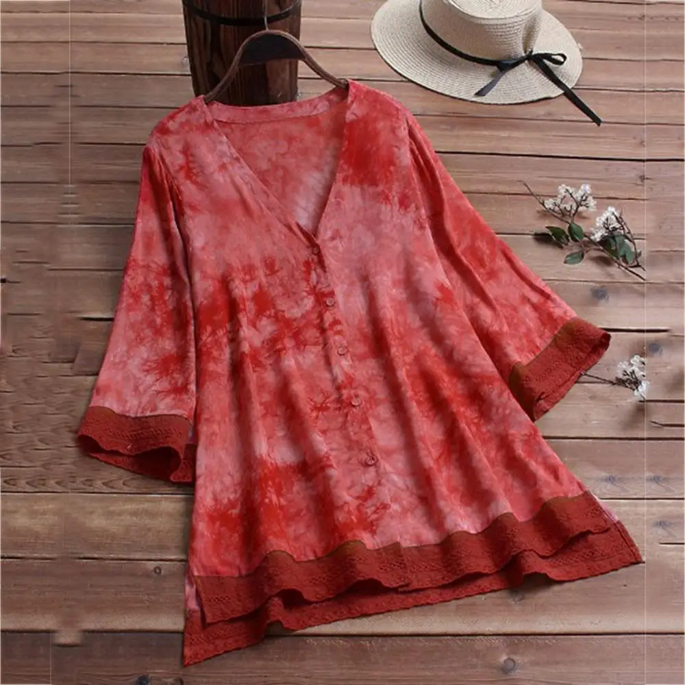 

Women Fashion Casual Plus Size Loose Linen Sleeve Button Tanic Shirt