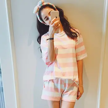 

Women's Sleep Wear Home Tshirt + Shorts 2pcs O-neck Pink and White Striped Nightgowns for Girl Pajama Sets women Sleep & Lounge