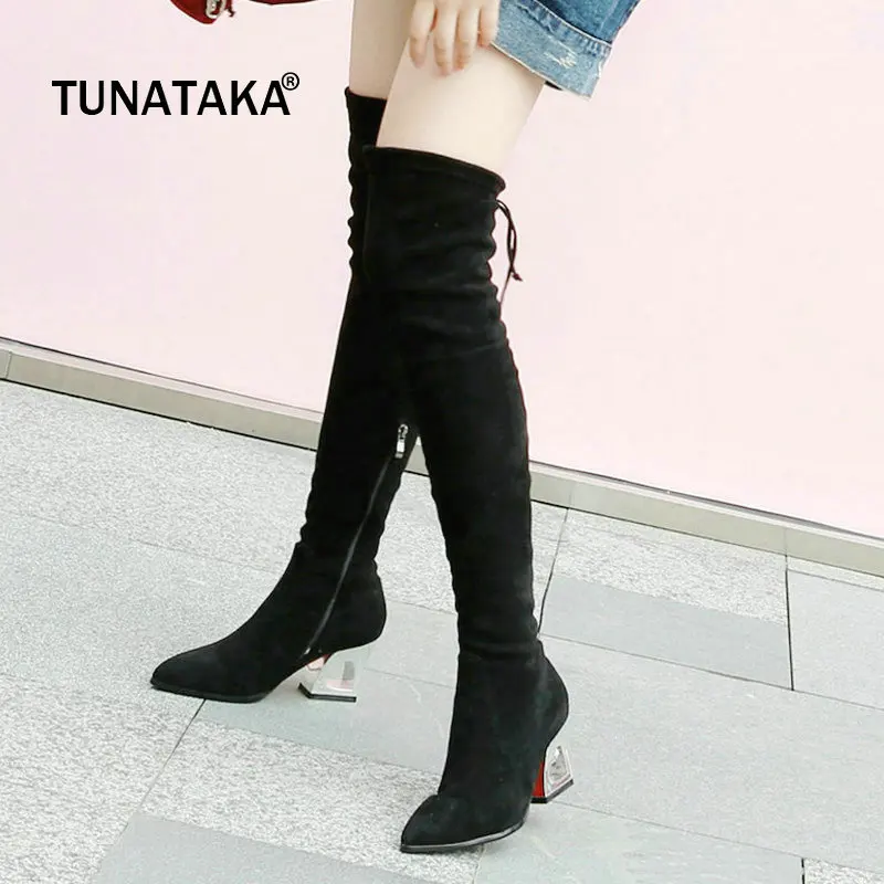 

Suede Strange Style Woman Over The Knee Boots Pointed Toe Ladies Stretch Boots Fashion Woman Thigh Boots Black Gray