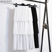 Элегантные однотонные белые черные летние женские юбки стрейч талия плюс размер плиссированная юбка слоистая Лодыжка-Длинная Юбка Femme Bodycon Saia