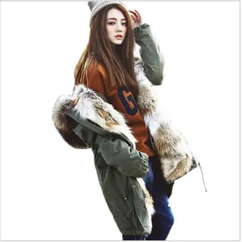 

Korean Fashion Women's Army Green Big Raccoon Fur Collar Hooded Long Coat Parkas Outwear Real Rabbit Fur Lining Winter Jackets