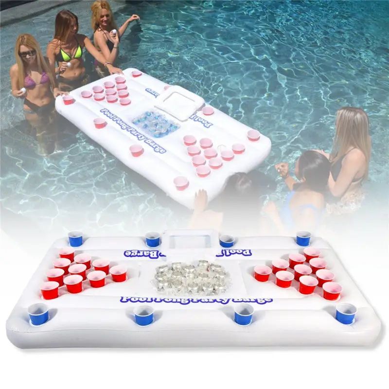 

2018 New Summer Water Sports Party Fun Air Mattress Ice Bucket Cooler 185cm 28 Cup Holder Inflatable Beer Pong Table Pool Floats