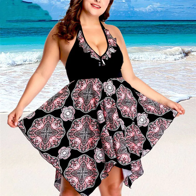 

2019 Summer Sexy Print Women 2 Pcs Plus Size Bikini Swimdress Padded Bra Push Up Swimsuit Beachwear Bathing Swimwear 2XL-6XL