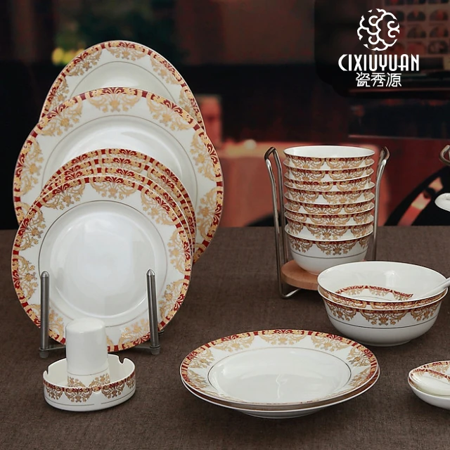 48 piece set, golden banding designed, chinoserie bone china dish sets