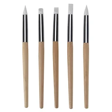5Pcs Nail Art Carving Painting Pen Brush Soft Silicone Wooden Handle Drawing Craft Pottery Sculpture UV Gel DIY Manicure Tools