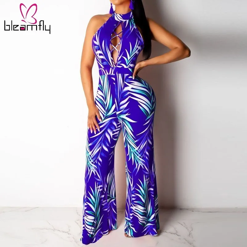 

Sexy Printed Rompers Womens Jumpsuit Off Shoulder Backless Halter Long Playsuit Summer Casual Wide Leg Elegant Overalls