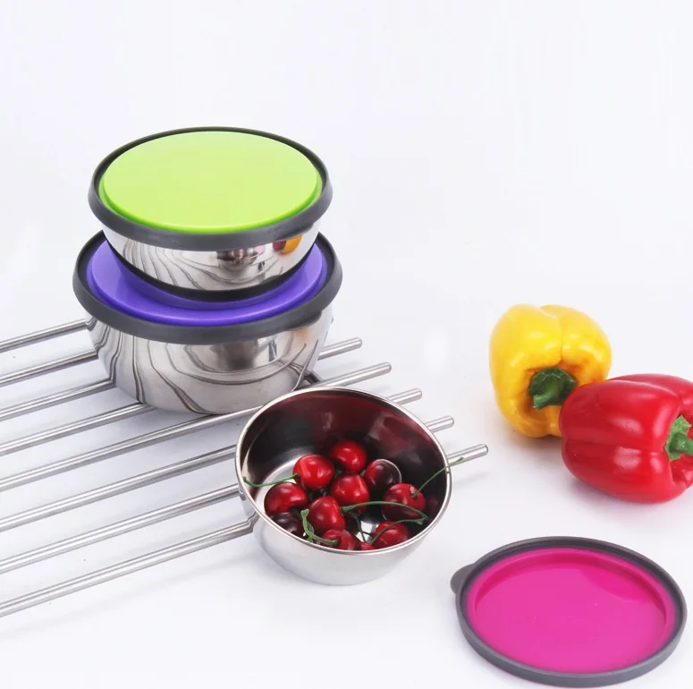 

Round Stainless Steel Mixing or Food Bowl Set with Lid Bright Color Silicone Cover, 3 Bowls Dishwasher Freezer Safe
