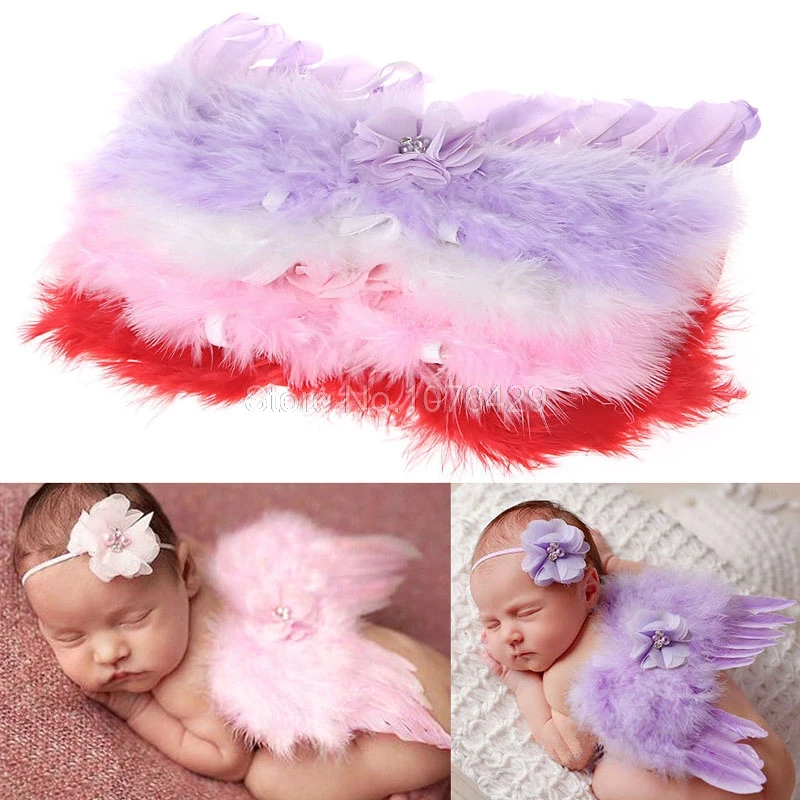 

Newborn Cute Baby Feather Angel Wings & Headband with Rhinestone Flowers Photography Prop
