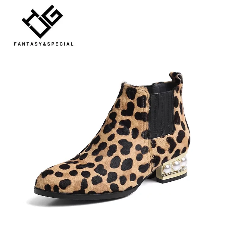 

IGU 2018 Women Boots Horse Hair Leopard Print Pearl Winter Boots Women Ankle Boots For Females Thick Heel Slip On Ladies Shoes