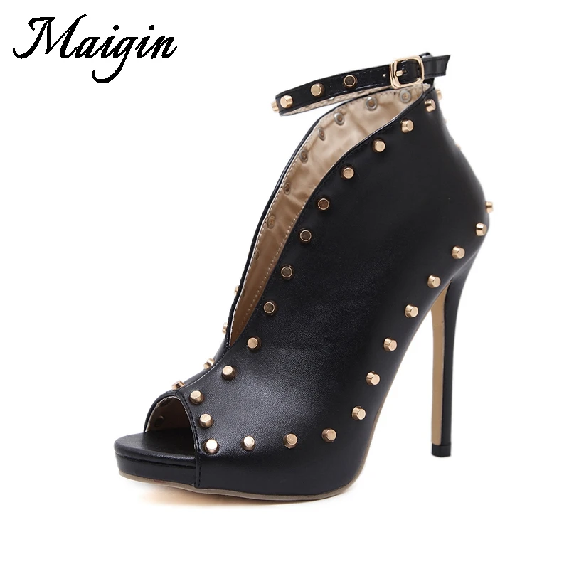 Maigin Summer Ankle Boots for Women Peep Toe High Heels Gladiator Women Sandals 2018 Newest Buckle Strap Rivet Female Shoes