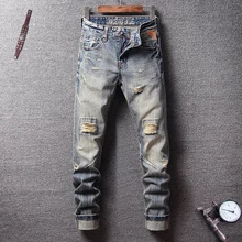Italian Vintage Style Fashion Men Jeans Retro Wash Knee Frayed Hole Ripped Jeans Men Hip Hop Pants Streetwear Biker Jeans Homme fashionable destroy wash frayed slimming jeans for women