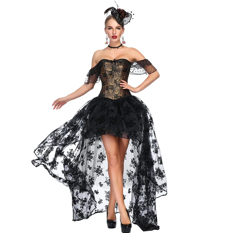Черный и золотой цветочный узор Викторианский корсет платье готическая одежда стимпанк Korsett для женщин сексуальный винтажный бурлеск костюм - Цвет: Corset And Skirt Set