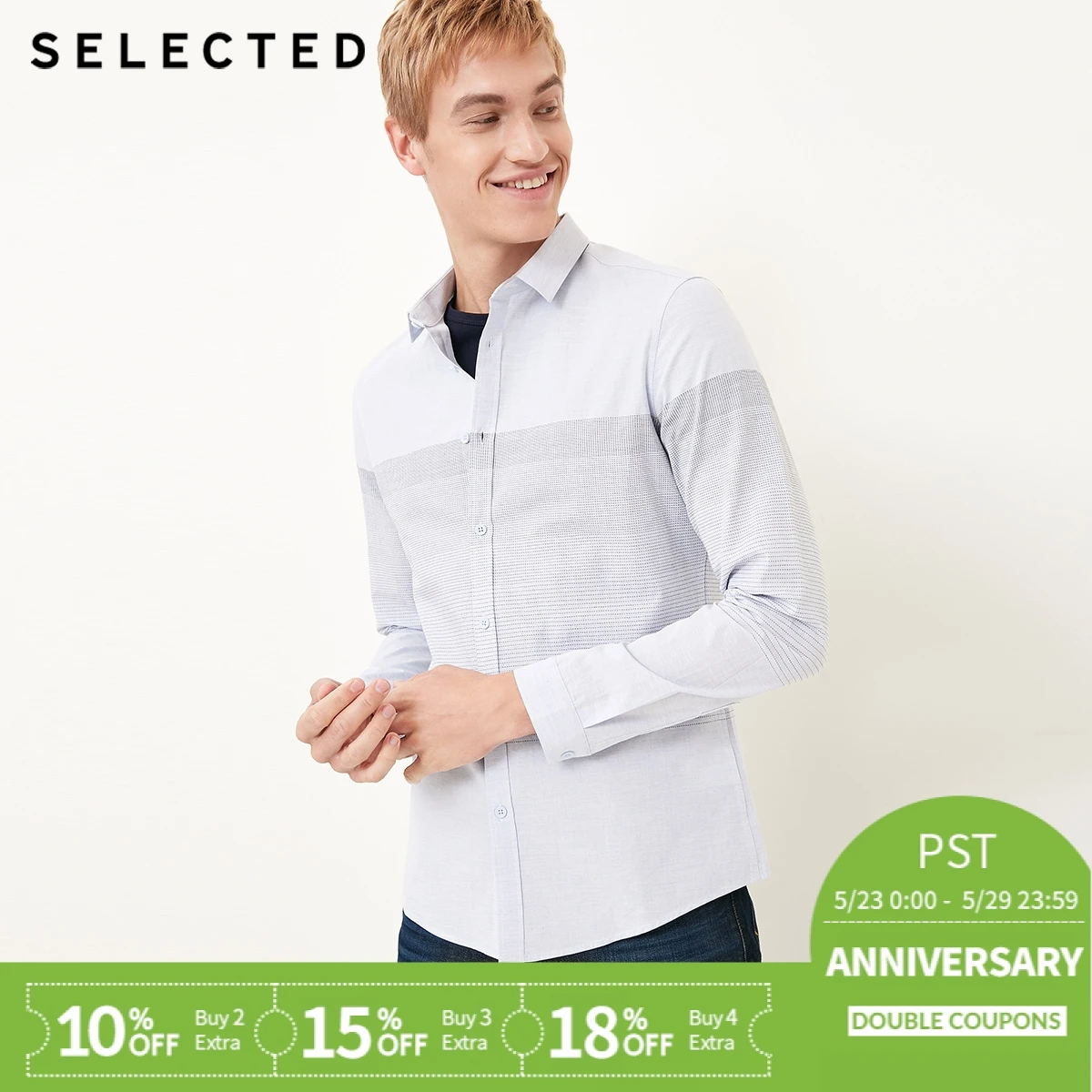 

SELECTED men's cotton striped simple business casual long-sleeved shirt S|418105518