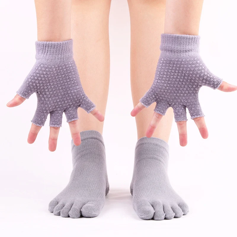 Women Five Finger Toe Yoga Socks Set Half Toe Cotton Socks Gloves Anti