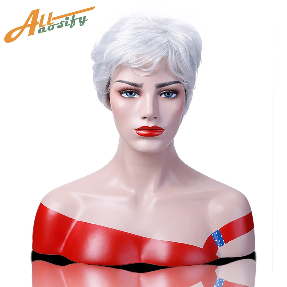 

Allaosify Short Wavy Middle Aged Synthetic Hair Wigs Mom Curly For Elderly Women Granny Gray Cosplay Wig