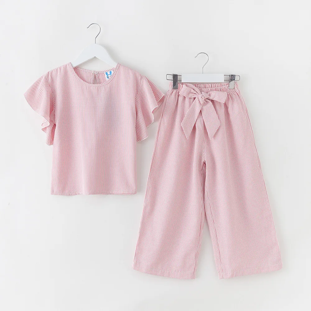 Костюм для девочек Новинка года, детское платье в полоску комплект из двух предметов для маленьких детей, модная рубашка для девочек и свободные штаны, детская одежда с бантом#5038 - Цвет: pink