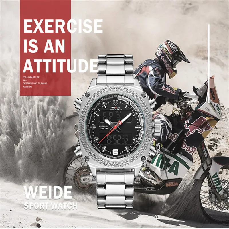 

WEIDE Fashionable Business Heavy Men's Quartz Waterproof Stainless Steel Strap Wristwatch LCD Back Light Sport Watch Digital New