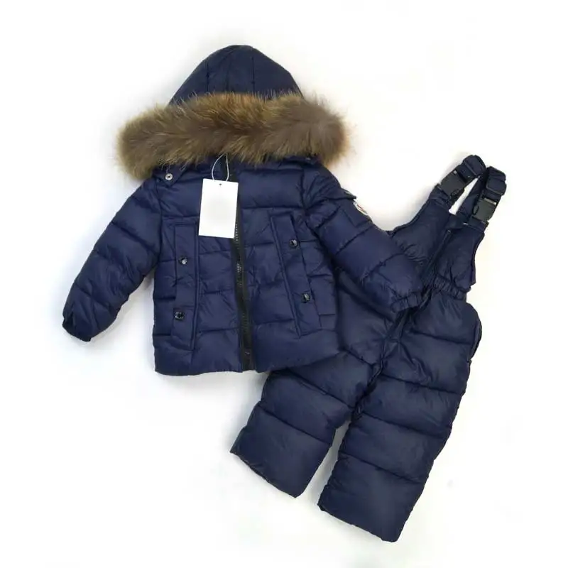 

Russian child winter boys and girls ski suit 2 sets of Leopard fur collar hooded down jackets+Bib pants children clothes sets