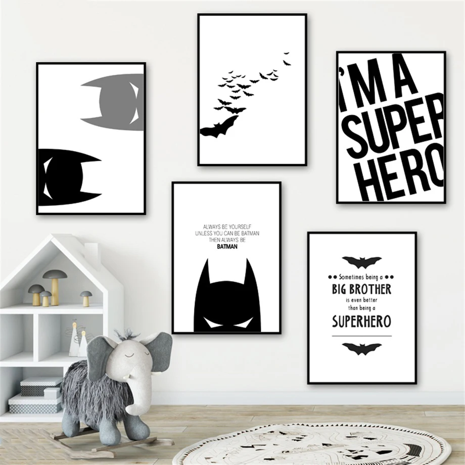 Современная Картина на холсте Бэтмена с супергероем, спящим героем, для детей, для мальчиков, комнаты, черный, белый, художественный принт, плакат, настенные картины, домашний декор