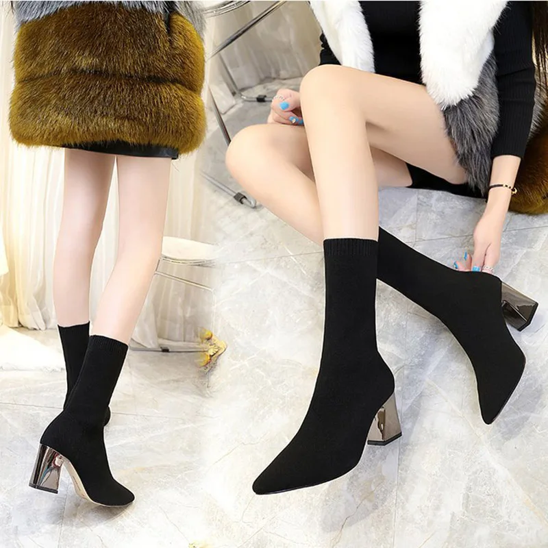 

Masorini 2019 New Plus Cashmere Boots Pointed Shoes Bare Boots High-heeled Knitted Socks Boots Stretch Boots Women's Shoes W-054