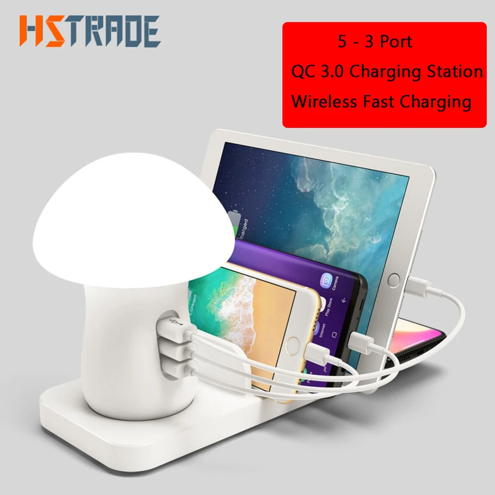 

Multi EU Port USB Charger Mushroom Night Lamp USB Charging Dock QC 3.0 Quick Charger for iPhone x Samsung S10 Wireless Charger