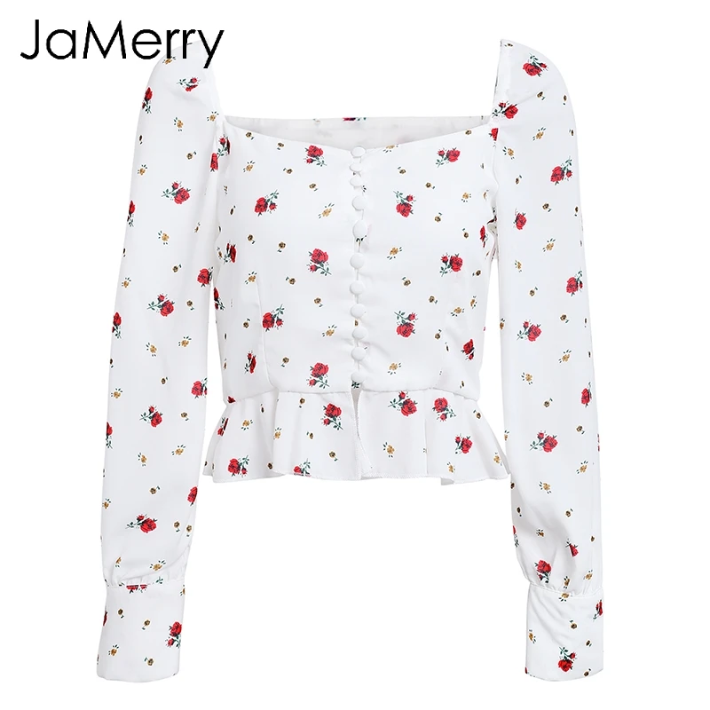 JaMerry, элегантная белая блузка, женские рубашки,, Ретро стиль, цветочный принт, блузка, топы, летние, повседневные, с оборками, Короткие топы, блузки для женщин