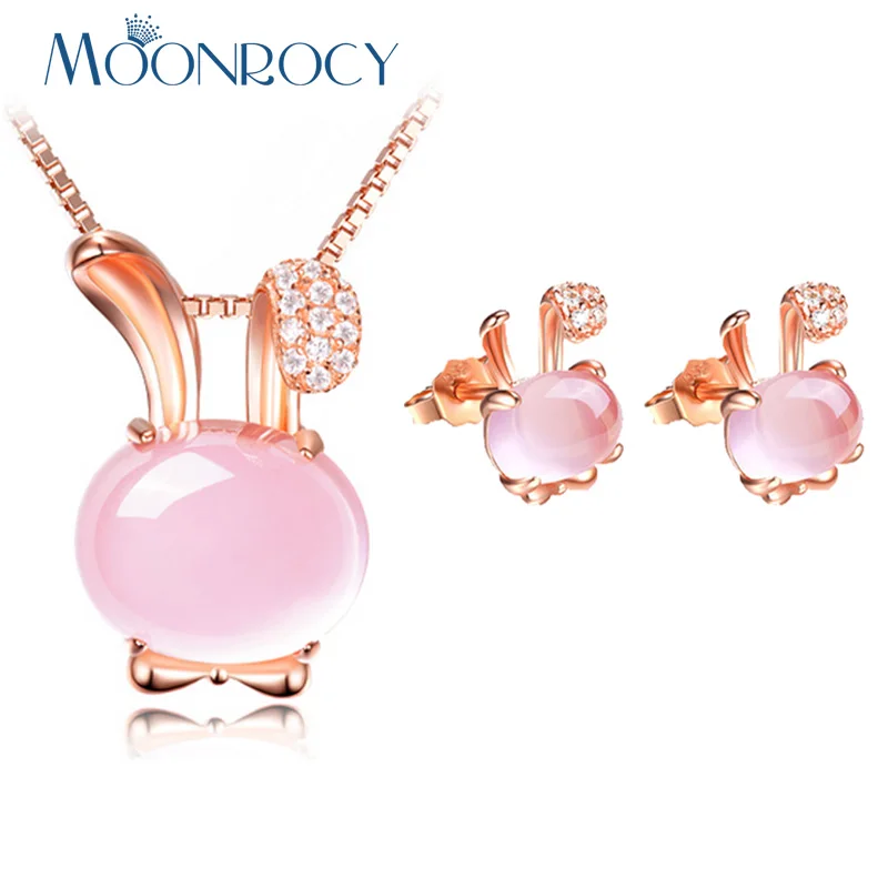 

MOONROCY Drop Shipping Rose Gold Color Cute Rubbit Crystal Ross Quartz Pink Opal Necklace and Earrings Jewelry Set for Women
