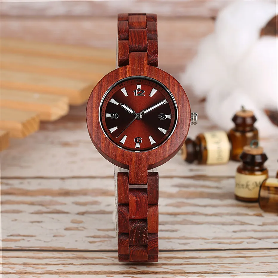 Женские часы-браслет, красный, коричневый цвет, полностью деревянные, элегантные, маленький циферблат, женские наручные часы, деревянный ремешок, роскошный бренд, часы, подарок