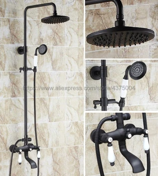 

Black Oil Rubbed Brass Shower Faucet Set Double Ceramic Handle Tub Mixer Tap With Hand Shower Spray Nhg146