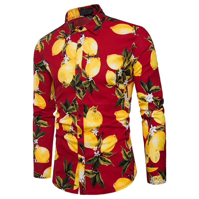 2018 ماركة الرجال ليمون طباعة يتأهل قميص هاواي قمصان الرجال القطن عارضة طويلة الأكمام اللباس قميص camisa الغمد xxxl