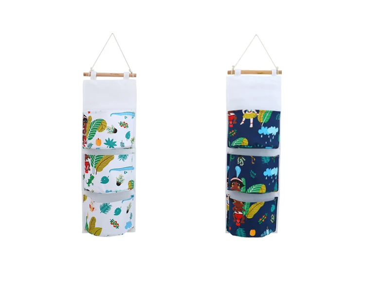 Two Colour Cotton Linen Hanging Storage Bag 3 Pockets Wall Mounted Wardrobe Hang Bag Wall Pouch Cosmetic Toys Organizer (4)