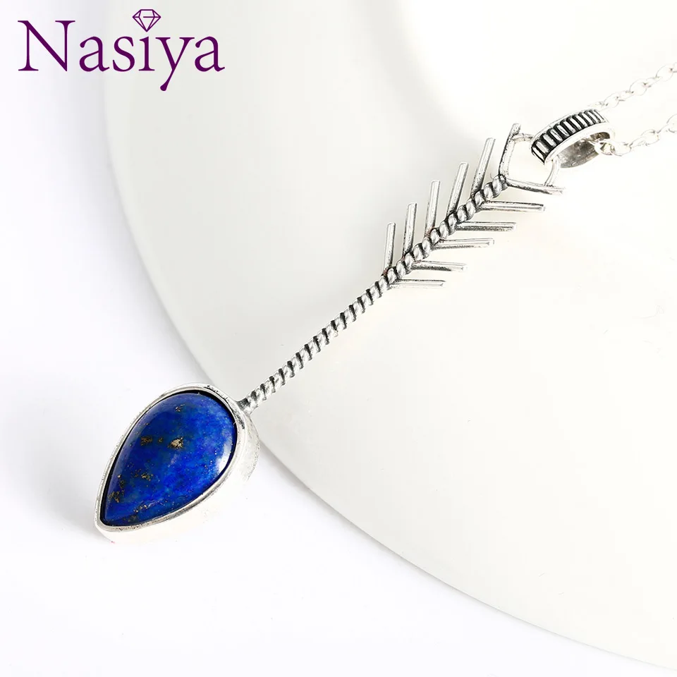 

Nasiya Water Drop Natural Blue Lapis Pendants Necklaces For Women Punk Trendy Feather Shape With Chain Sterling Silver Jewelry