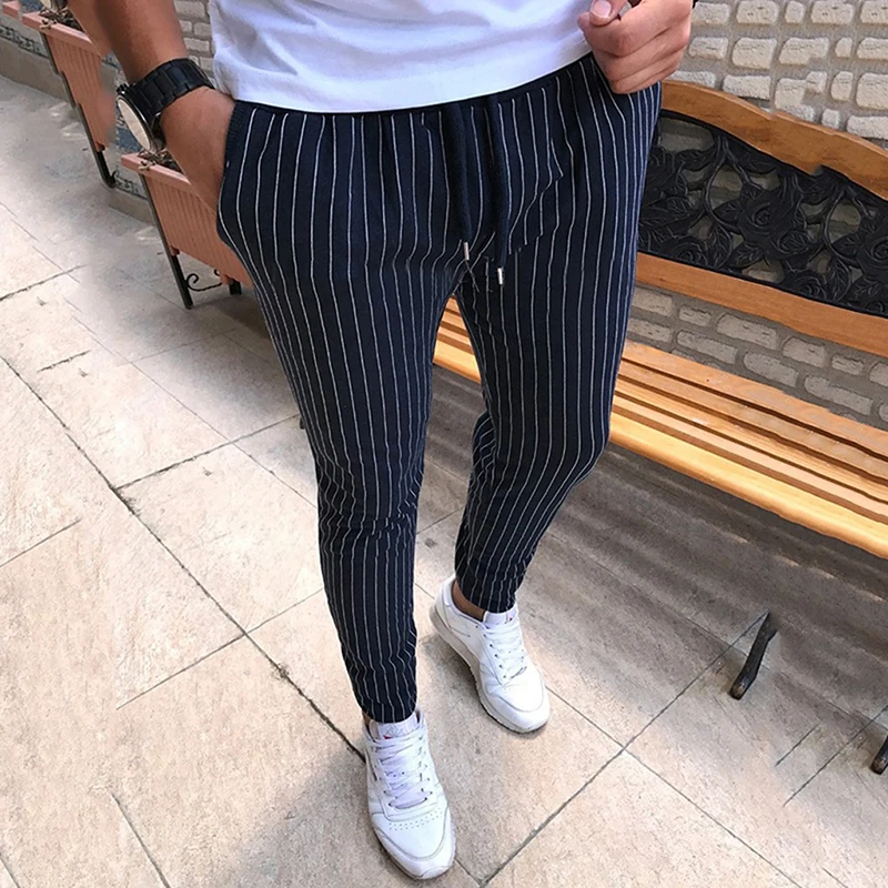 Ман полосатые брюки-карандаши новые модные брюки для спорта мужские уличная дышащая Брюки, подходящие для любого размера - Цвет: navy blue