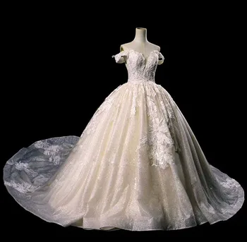 

Elbise Gelinlik Luxury Sparkly Dubai Off-shoulder Ball Gown Princess Lace Crystal Wedding Dress Champagne Bride Dress W61
